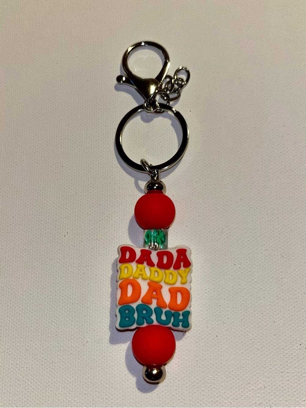 Multicolor 'DADA DADDY DAD BRUH' Beaded w/Green Faceted Beaded Keychain